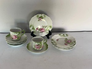 Antique German Porcelain Rose Decorated Tea Set Plates Cups Saucers