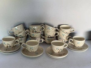 Red Wing Bob White Speckled Stoneware Cup & Saucer Set Bird Pattern