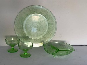 Vintage Uranium Green Depression Glass Plate Sherbets Relish Dish Set