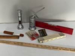 Vintage Collectible Tool Lot Wood Rulers, Oil Can, Wood Chalk Holder & More