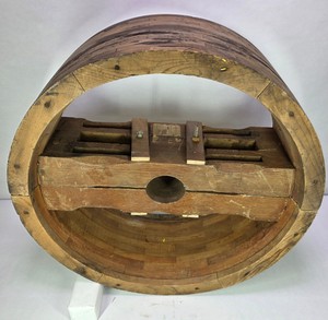 Antique Split Wood Flat Belt Pulley Wheel with Patent Label