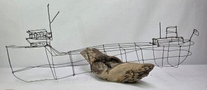 Bud Bullivant Signed 2012 Wire Ship Sculpture on Driftwood