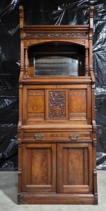 Antique Victorian Eastlake Carved Walnut & Burl Drop-Front Secretary Desk with Mirror
