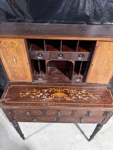 Antique Inlaid Wood Drop-Front Secretary Writing Desk with Fitted Interior