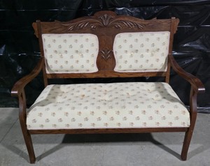 Antique Victorian Carved Oak Upholstered Settee  Loveseat Bench