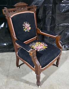 Antique Eastlake Carved Wood Armchair with Needlepoint Floral Upholstery