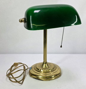 Vintage Bankers Desk Lamp with Brass Base & Pull Chain