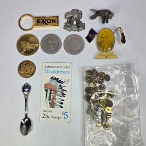 Vintage Advertising, Railroad & Souvenir Collectibles with Exxon Keychain, Tokens, Pinbacks & Spoon