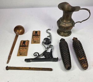 Vintage Household & Hardware Collectibles  Victor Mouse Traps, Metal Pitcher, Bracket & Pinecone Weights