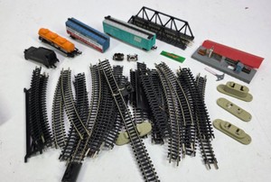 Vintage Model Train Accessories with Track, Freight Cars, Bridge & Station
