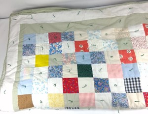 Vintage Handmade Tied Patchwork Quilt with Mixed Fabric Squares
