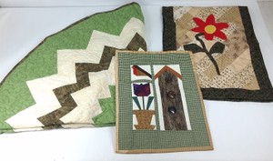 Vintage Handmade Quilted Wall Hangings with Floral & Geometric Designs