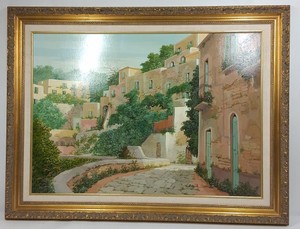 Signed Italian Village Landscape Art Print  Mediterranean Street Scene