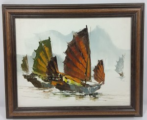 Vintage Mid-Century Chinese Junk Boat Impasto Oil Painting  Framed