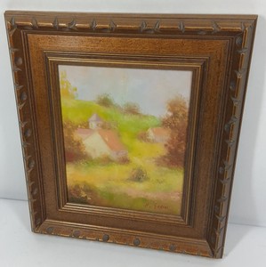 Oil Original Painting Signed H. Gacin Pastoral Village Landscape Oil Painting in Ornate Wood Frame
