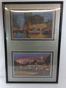 Framed Vintage Americana Jigsaw Puzzle Art  Elvis Paramount Theater & A&W Drive-In