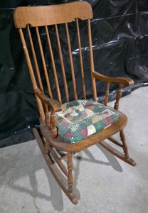 Vintage Spindle-Back Wooden Rocking Chair with Seat Cushion
