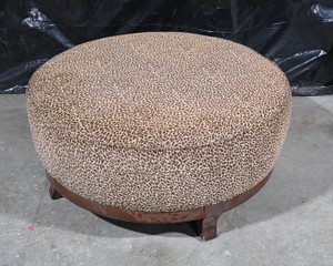 Vintage Round Upholstered Ottoman with Wood Base & Animal Print Fabric