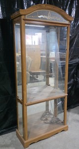 Tall Glass Curio Display Cabinet with Decorative Leaded-Glass Style Top