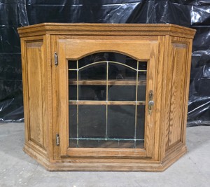 Oak Corner Cabinet with Decorative Glass Door & Interior Shelf