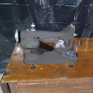 Vintage Sewing Machine in Wood Cabinet with Folding Work Surface