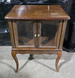 Vintage Wood Display Cabinet with Glass Double Doors & Cabriole Legs