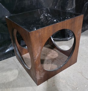 Mid-Century Style Wood Cube End Table with Glass Top