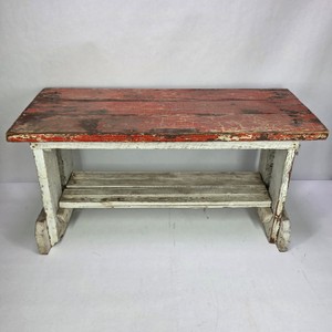 Vintage Primitive Painted Wood Bench with Lower Slat Shelf