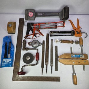 Assorted Vintage Hand Tools with Caulking Guns, Files, Brace, Vise & Rivet Tool Kit