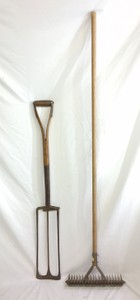 Vintage Long-Handled Garden Tools with D-Handle Implement & Toothed Rake