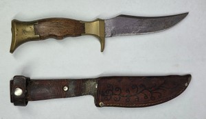 Vintage German Bowie-Style Hunting Knife with Leather Sheath