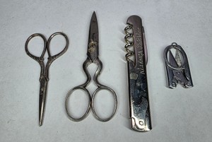 Vintage Sewing Scissors, Folding Corkscrew Knife & Thread Snips