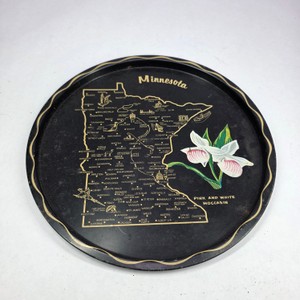 Vintage Minnesota Souvenir Tray with State Map & Pink and White Moccasin Flowe
