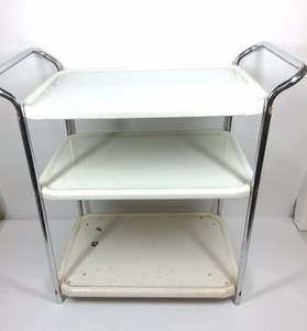 Vintage Chrome & White Metal Three-Tier Utility Cart  Serving Cart