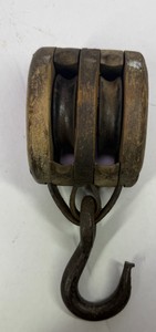 Antique Double-Sheave Wooden Pulley Block with Iron Hook