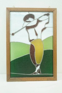vintage handcrafted stained glass panel with a golfer in mid swing 18 x 26