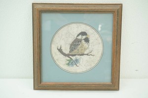 framed vintage batik fabric art featuring a small bird on a branch by artist Marnie Dahl Batik studio 10 x 10