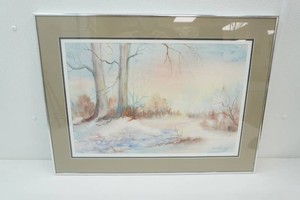 framed and matted watercolor painting of a quiet winter scene by Lois E Lange 28 x 21