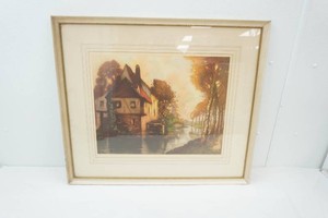 vintage framed and matted colored etching titled Le Moulin by artist Louis Haumont 30 x 26 1930-1940 era