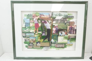 mixed media golf themed art collage featuring small landscapes paintings, photographs of golfers, and memorabilia 40 x 32