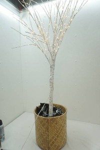 lighted artificial White Birch tree 60 tall in metal lined woven basket