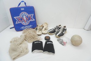 sporting goods including golf () spikes with extra spikes, track shoes, knee pads, clothes bags, vintage hand stitched softball 1970s era