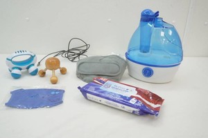 health supplies including cold air vaporizer, disinfecting wipes, mask, massagers, vibrating neck massager