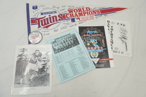 sports memorabilia with an autographed Bill Brown photo, World Series Minnesota Twins Pendent and button, high school basketball programs 1991