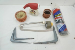 hose end sprayer, planter, citronella candle, sprinkler, plastic sheeting, shelf brackets