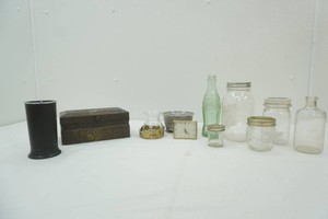 vintage Coca-Cola bottle, vintage glass bottles and jars, clock, keepsake box