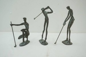 3 vintage bronze brutalist-style golfer figures in various poses 10 tall