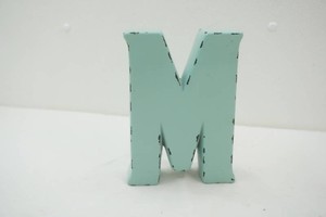 freestanding decorative letter M metal painted pastel turquoise 8 tall