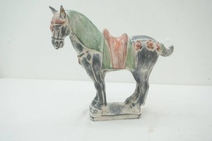 Tang-style Sancai-glazed horse figure featuring dark mottled body and vibrant red green striped saddle 12 tall