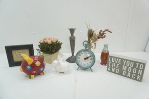 coin banks, small bud vases, wall decor, candle stick holder